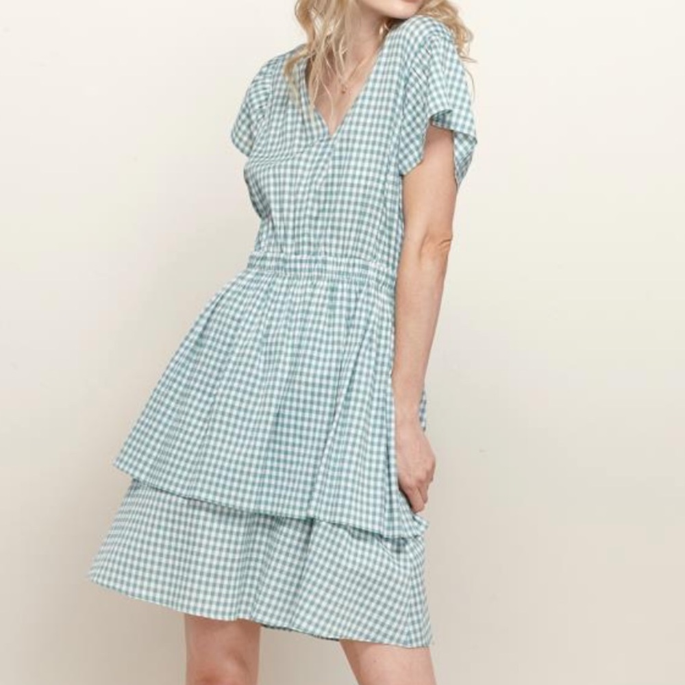 NWT * Pleione Puff Shoulder Ruffle Checkered Dress Size Medium Gingham print